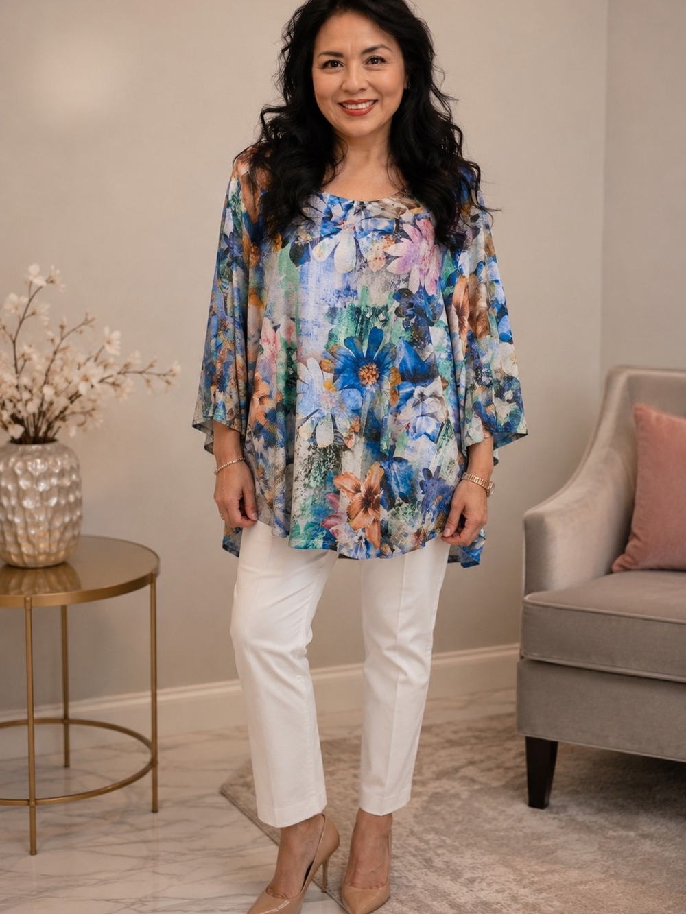 Floral Watercolor Tunic Top - Blue Multi
